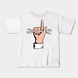 Hand Holding Spanner and Pointing Up Retro Kids T-Shirt